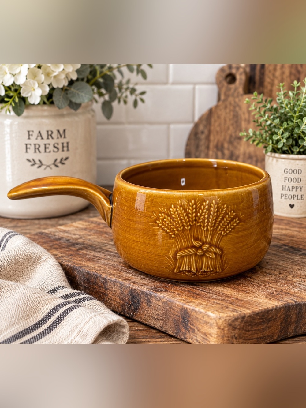 Franciscan Harvest Wheat Ceramic Handled Small Crock - Amber Brown